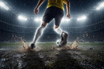Soccer player dribbling ball on wet pitch under bright floodlights