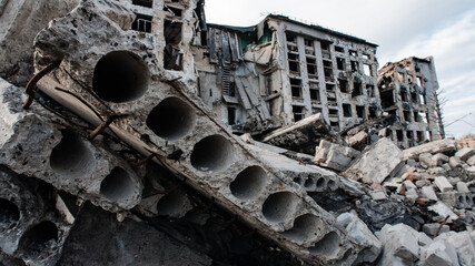 ruined street and destroyed houses the city war in Ukraine