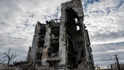 ruined street and destroyed houses the city war in Ukraine