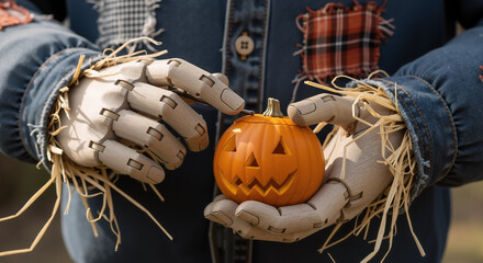 A whimsical scarecrow, with denim sleeves and straw cuffs, gently holds a tiny carved jack-o'-lantern, a symbol of Halloween and autumn festivities.