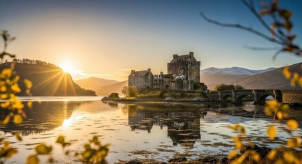 Photo of eilean donan castle in scotland at sunset, with the sun shining through the hills and reflecting in the loch, creating a beautiful and peaceful scene in the scottish highlands