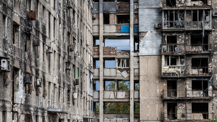 ruined street and destroyed houses the city Kiev war in Ukraine