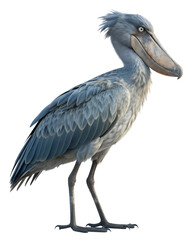 Fototapeta premium Shoebill Stork in Profile: Standing in profile, the impressive shoebill stork showcases its distinctive shoe-shaped beak, captivates viewers with its unique silhouette.