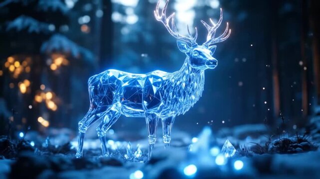 Crystal Deer in Winter Forest: Glowing Digital Art
