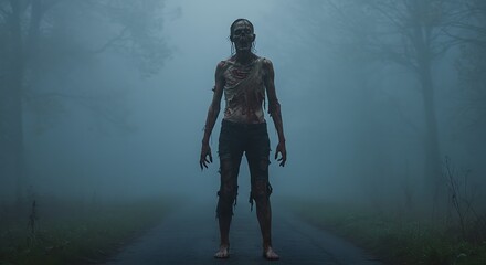Fototapeta premium A gaunt figure stands in a foggy landscape with tattered clothes and an eerie, unsettling presence