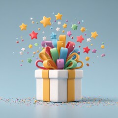 Exploding gift box with colorful candles and stars