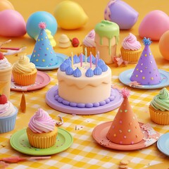 Festive birthday celebration with colorful cupcakes and party hats