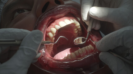 Wizyta u dentysty – zbliżenie na jamę ustną pacjenta podczas badania stomatologicznego