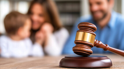 Family Law Concept Gavel and Blurred Happy Family Background
