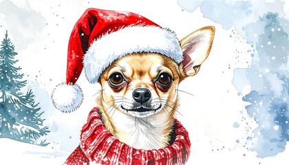 Festive chihuahua in a Santa hat. Watercolor portrait of a dog