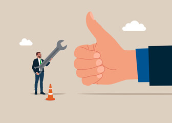Businessman holding a mechanic's called an adjustable wrench for use in mechanic work. While the other is showing thumb up. Support and service. Repairs, customer support, mechanical processes. Vector