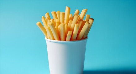 Crispy French fries, classic fast food and delicious quick snack with white cup on blue background