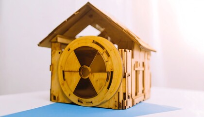 Wooden house model with radiation symbol