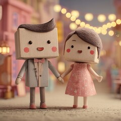 Cute cartoon couple holding hands on a romantic street at night