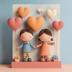 Cute cartoon couple holding hands surrounded by hearts