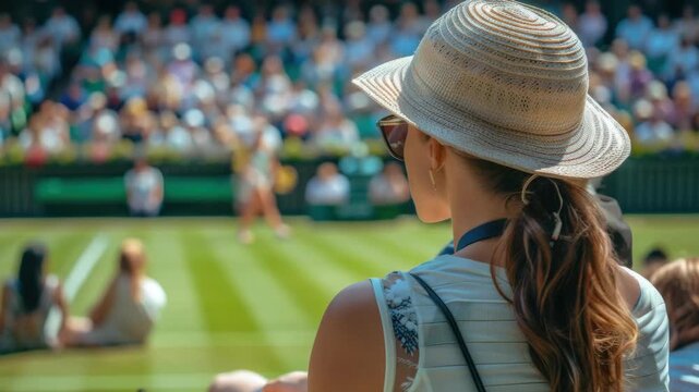 A woman wearing a straw hat and sunglasses is watching a tennis match