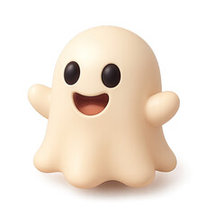 Charming 3D Rendered Smiling Ghost Emoji Icon with Wavy Bottom Edge on Black Background, Perfect for Halloween Designs, Spooky Celebrations, Cute Ghoulish Themed Content, Social Media, and Digital Art