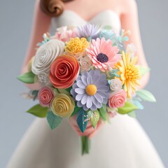 Bride holding a colorful bouquet of assorted paper flowers