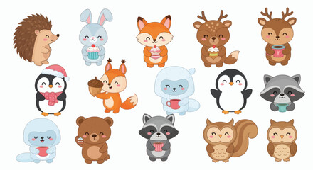 Fototapeta premium Cute Animal Illustrations Featuring Hedgehog, Rabbit, Fox, Deer, Penguin in a Whimsical Style for Kids' Decor