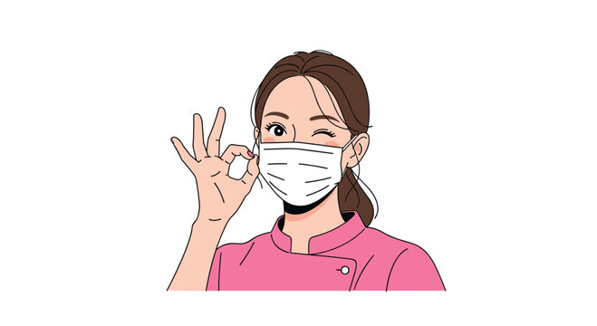 Healthcare professional wearing a face mask gives a positive ok gesture encouraging health safety