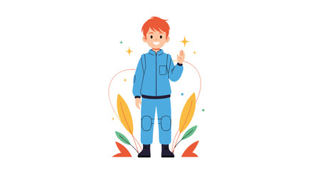 Obraz premium Young boy wearing blue tracksuit standing confidently with a friendly gesture