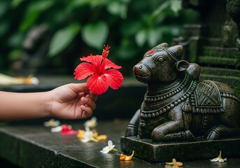 Child's Innocent Offering: Delicate Hand Places Vibrant Hibiscus on Moss-Kissed Nandi Statue at Secluded Monsoon Temple Entrance