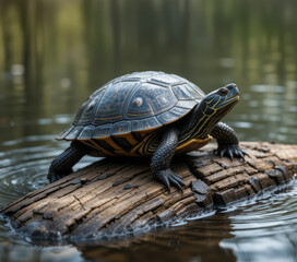 Obraz premium Painted Turtle Basking on a Log in Calm Water