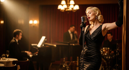 Elegant jazz singer in a black evening dress performing on stage with a vintage microphone, accompanied by a live band in a dimly lit jazz club.