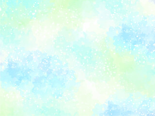 梅雨時のアジサイやネモフィラなど淡い水色や紫色のお花イメージの背景素材。水彩風テクスチャー。筆のタッチ。水彩の柔らかなにじみ。キラキラした光。水滴の輝き。ほんのり感。