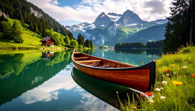Serene lake scene with wooden canoe - Powered by Adobe
