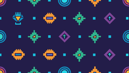 A colorful pattern of squares and diamonds with a diamond in the middle. The diamond is surrounded by a blue circle