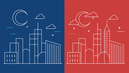 The blue and red cityscape is a representation of the city skyline at night. The blue and red colors are used to create a contrast between the city and the sky