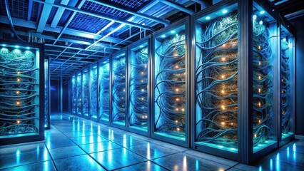 Photo of a futuristic server room with rows of glowing blue server racks filled with cables and lights, representing data centers and technology infrastructure