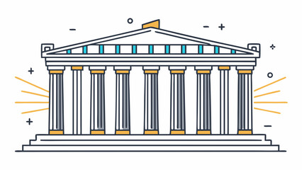 A white building with columns and a flag on top. The building is a temple. The flag is yellow
