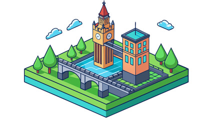 A cityscape with a large clock tower and a bridge. The scene is set in a park with trees and a body of water