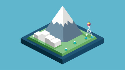 A mountain with a tower on top of it. The mountain is surrounded by buildings and a river