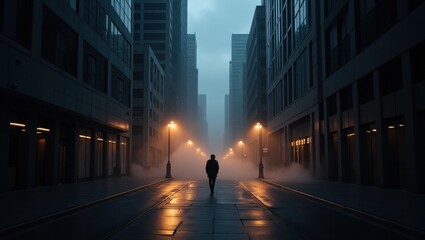Fototapeta premium Lone Figure Walks Through Foggy Street Between Tall City Buildings