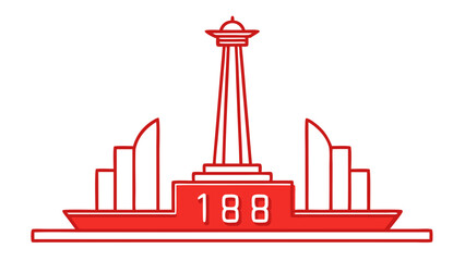 A red and white drawing of a building with the number 178 on it. The building is tall and has a dome on top