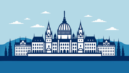 A city skyline with a large building in the middle. The sky is blue and there are clouds