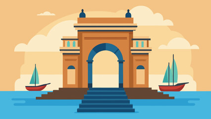 A city with a large archway and two boats in the water. The archway is in front of a building with steps leading up to it