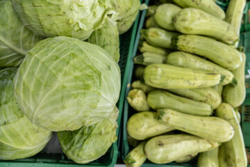 fresh summer fruits and vegetables in the supermarket on the shelf.