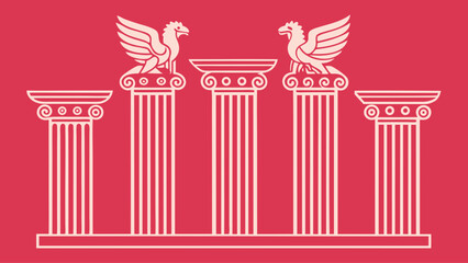 A red and white flag with a design of four pillars and two birds on top. The pillars are tall and white, while the birds are small and white as well. The flag has a bold and powerful appearance