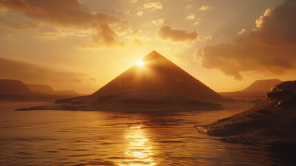 First Benben Mound Rising from Primordial Waters &ndash; Glowing Pyramid Hill with Golden Sunrise, Egyptian Creation Myth