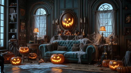 Obraz premium a gothic style living room decorated for Halloween, candelabras, spider webs, antique furniture, glowing pumpkins
