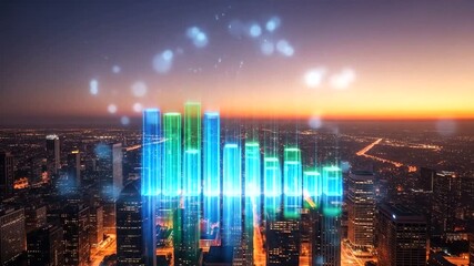 Vibrant city skyline at sunset with digital sound wave overlay representing audio data analysis - Powered by Adobe