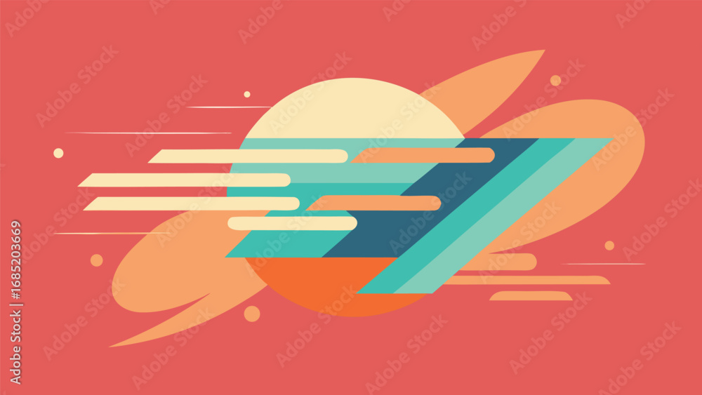 Poster abstract geometric composition with wavy lines and circles on a coral background shapes