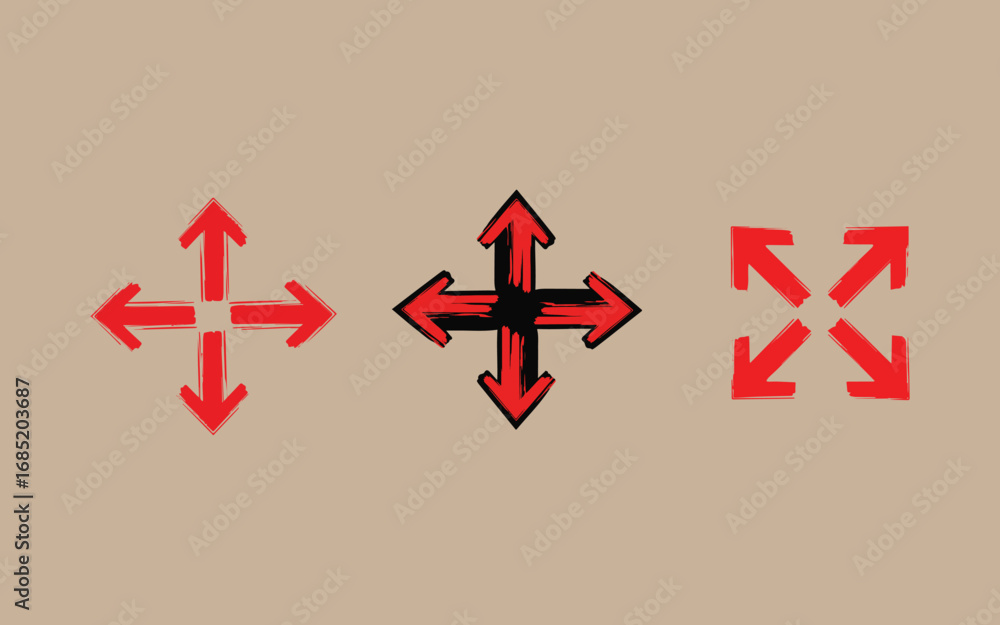 Poster three red arrows pointing outwards in different styles on a neutral background