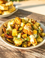 Plate of vibrant potato salad with chicken, eggs, and pickles