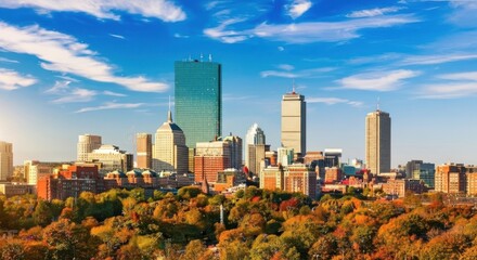 Obraz premium Vibrant cityscape skyline with lush green trees under a bright blue sky