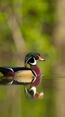 Colorful Wood Duck swimming on still water, reflection visible